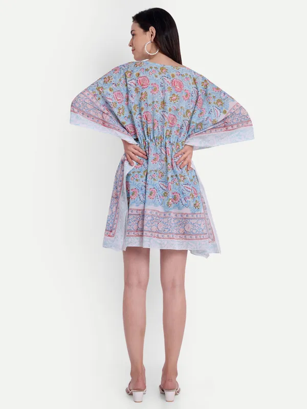 Turquoise_Handblock_Print_Cotton_Short_Kaftan_For_Women_&_Girls