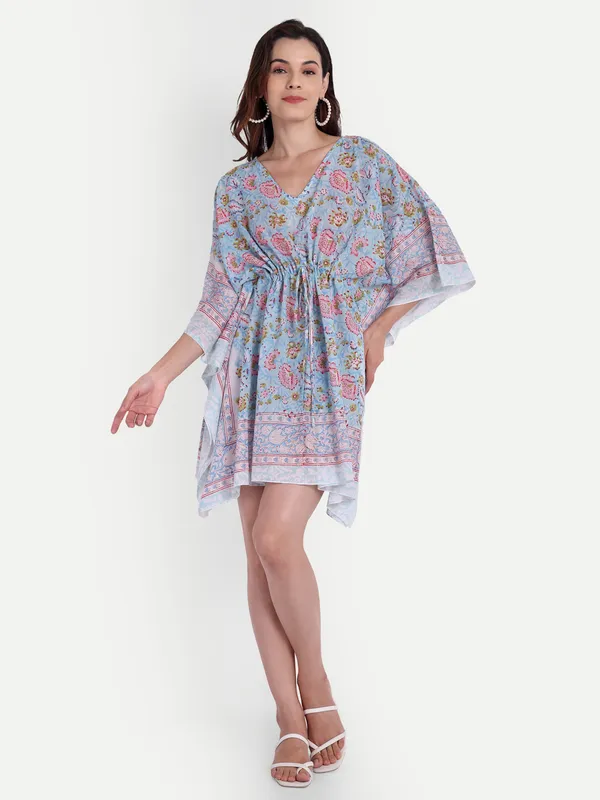 Turquoise_Handblock_Print_Cotton_Short_Kaftan_For_Women_&_Girls