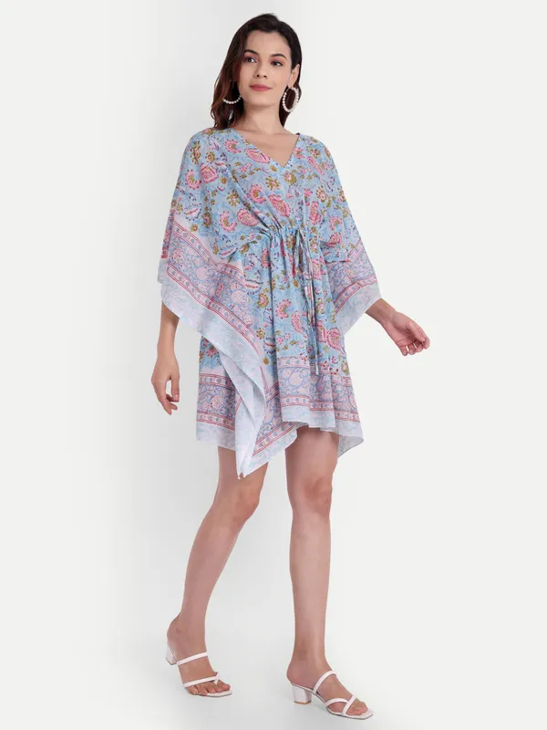 Turquoise_Handblock_Print_Cotton_Short_Kaftan_For_Women_&_Girls
