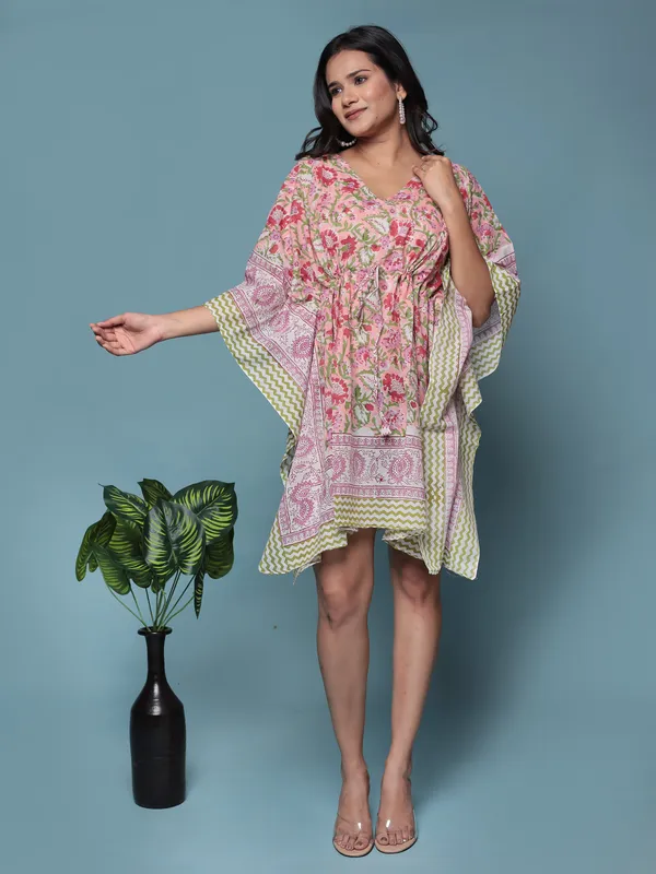 Peach_Handblock_Print_Cotton_Short_Kaftan_For_Women_&_Girls