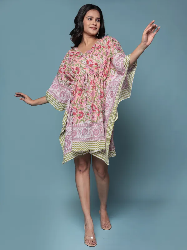 Peach_Handblock_Print_Cotton_Short_Kaftan_For_Women_&_Girls