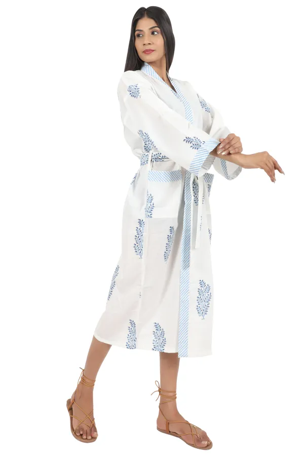 White_&_Blue_Handblock_Print_Cotton_Kimono/_Bathrobe_For_Women_&_Girls
