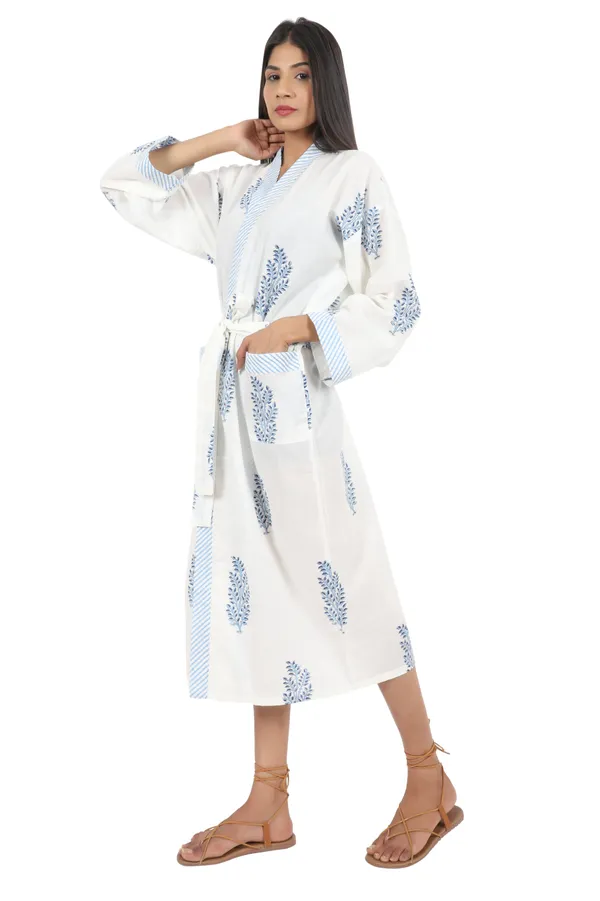 White_&_Blue_Handblock_Print_Cotton_Kimono/_Bathrobe_For_Women_&_Girls