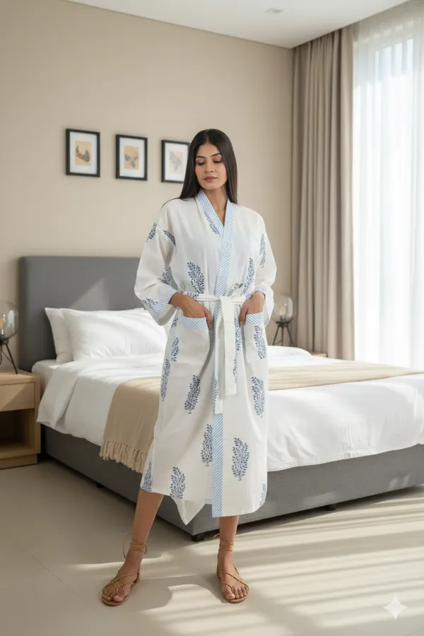 White_&_Blue_Handblock_Print_Cotton_Kimono/_Bathrobe_For_Women_&_Girls