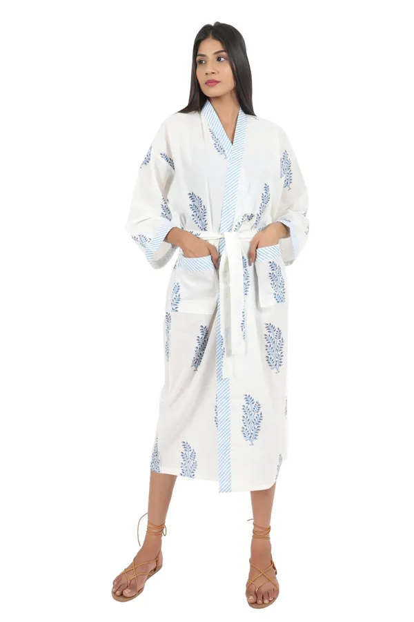 White_&_Blue_Handblock_Print_Cotton_Kimono/_Bathrobe_For_Women_&_Girls