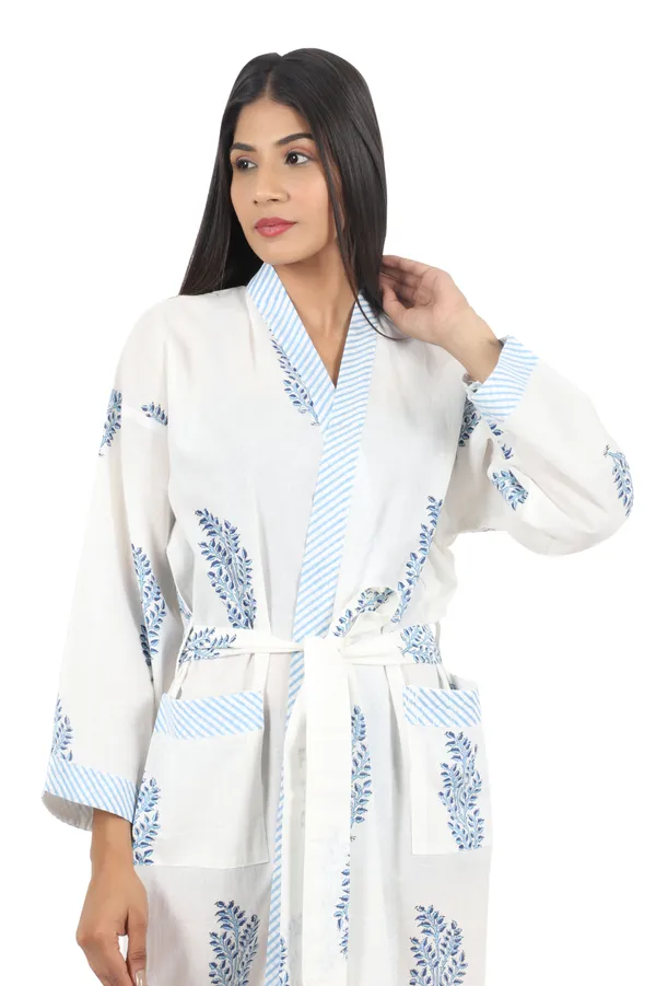 White_&_Blue_Handblock_Print_Cotton_Kimono/_Bathrobe_For_Women_&_Girls
