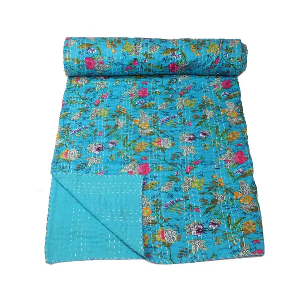 Turquoise_Comfortable_Handcrafted_Cotton_Kantha_Quilt
