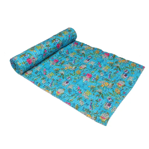 Turquoise_Comfortable_Handcrafted_Cotton_Kantha_Quilt