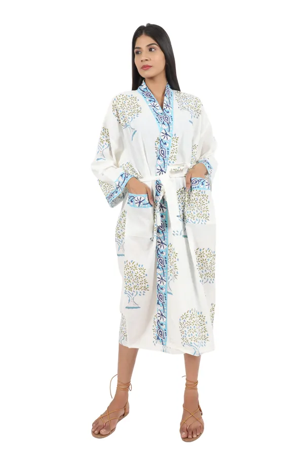 White_&_Blue_Handblock_Print_Cotton_Kimono/_Bathrobe_For_Women_&_Girls