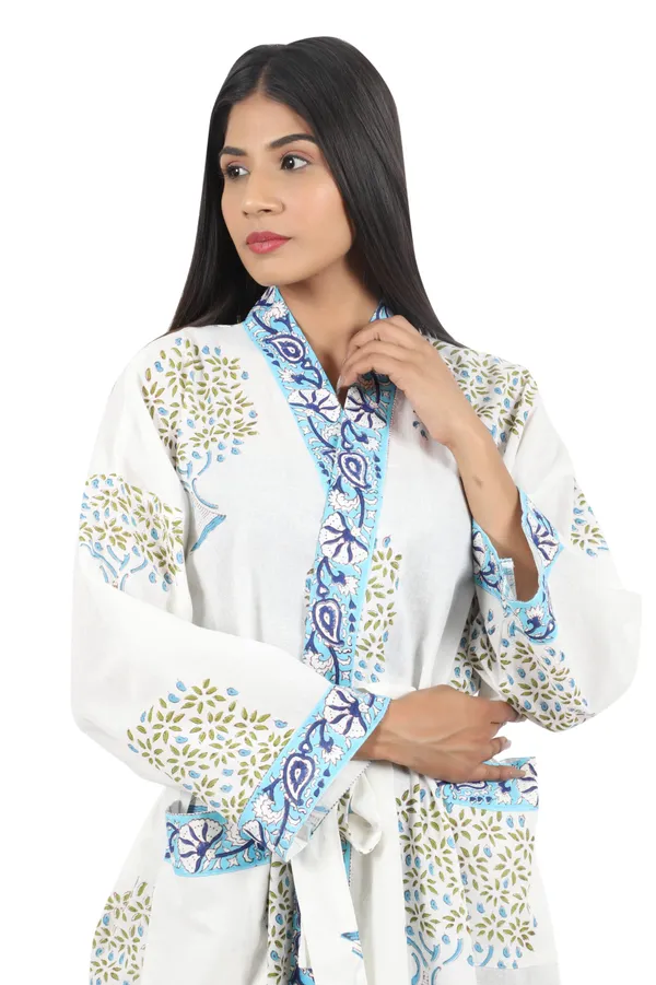White_&_Blue_Handblock_Print_Cotton_Kimono/_Bathrobe_For_Women_&_Girls