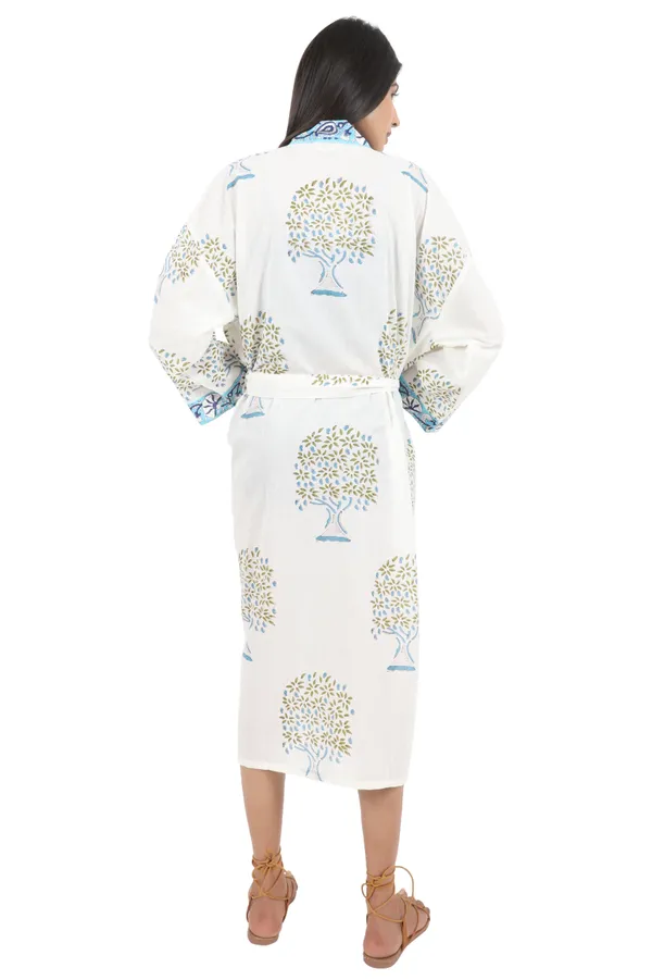 White_&_Blue_Handblock_Print_Cotton_Kimono/_Bathrobe_For_Women_&_Girls