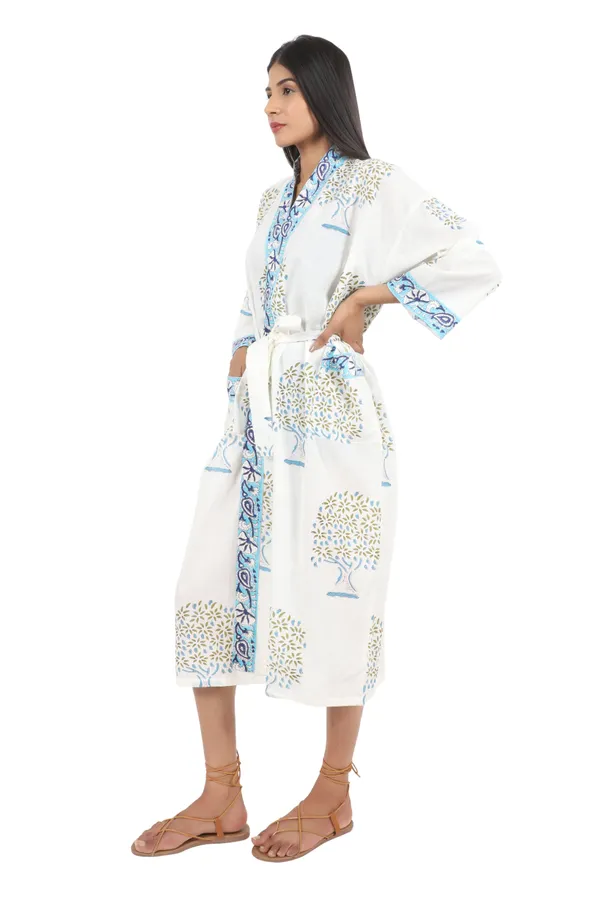 White_&_Blue_Handblock_Print_Cotton_Kimono/_Bathrobe_For_Women_&_Girls