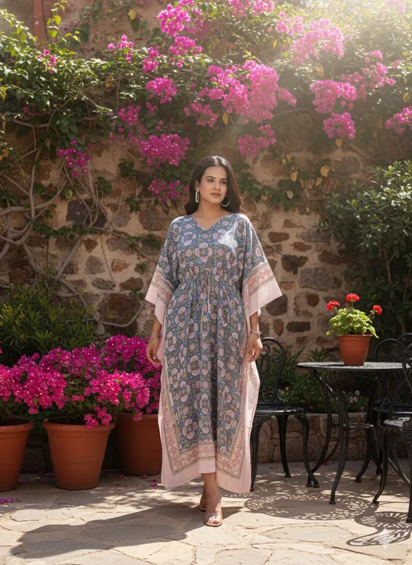 Blue_Handblock_Print_Cotton_Long_Kaftan_For_Women_&_Girls