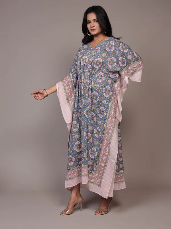 Blue_Handblock_Print_Cotton_Long_Kaftan_For_Women_&_Girls