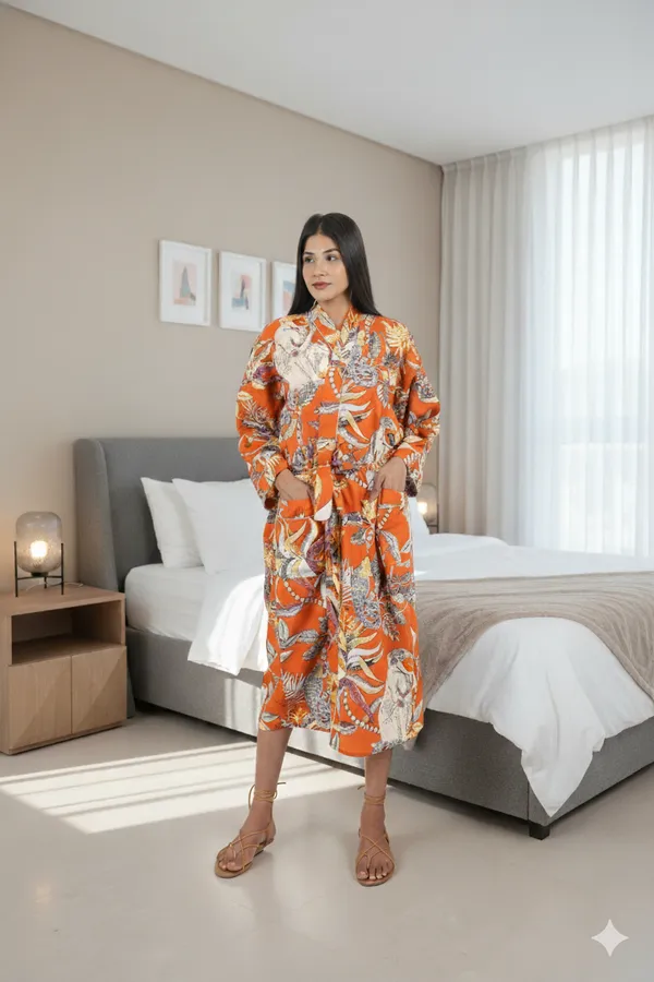 Orange_Big_Bird_Printed_Cotton_Kimono/_Bathrobe_For_Women_&_Girls