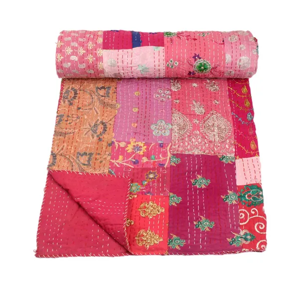 Pink_Handcrafted_Semi_Silk_Khambadiya_Kantha_Quilt