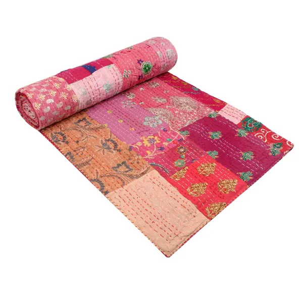Pink_Handcrafted_Semi_Silk_Khambadiya_Kantha_Quilt