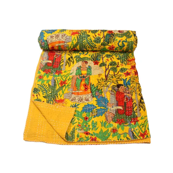 Yellow_Comfortable_Handcrafted_Cotton_Kantha_Quilt