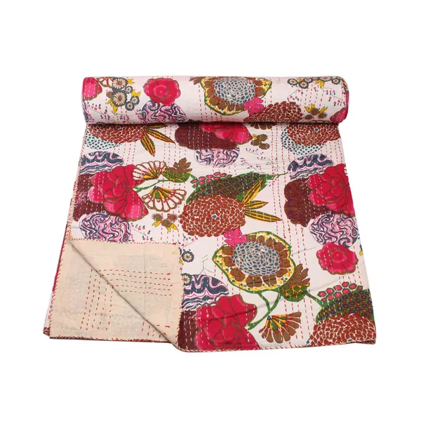 White_Comfortable_Handcrafted_Cotton_Kantha_Quilt