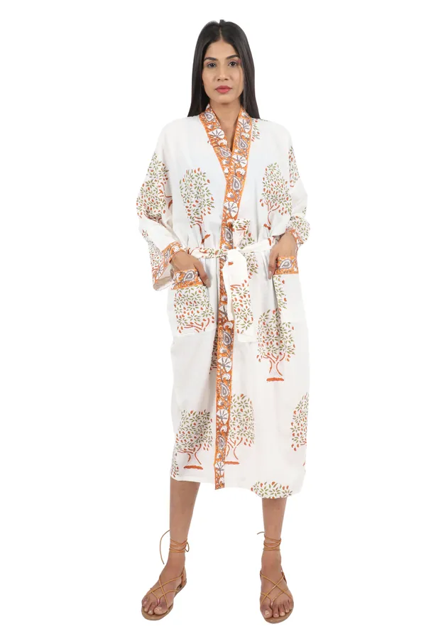 White_&_Orange_Handblock_Print_Cotton_Kimono/_Bathrobe_For_Women_&_Girls