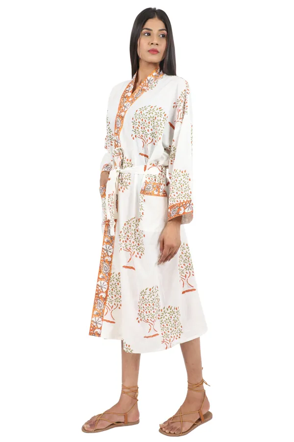 White_&_Orange_Handblock_Print_Cotton_Kimono/_Bathrobe_For_Women_&_Girls