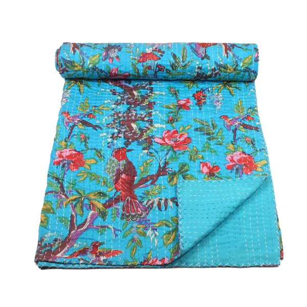 Turquoise_Comfortable_Handcrafted_Cotton_Kantha_Quilt