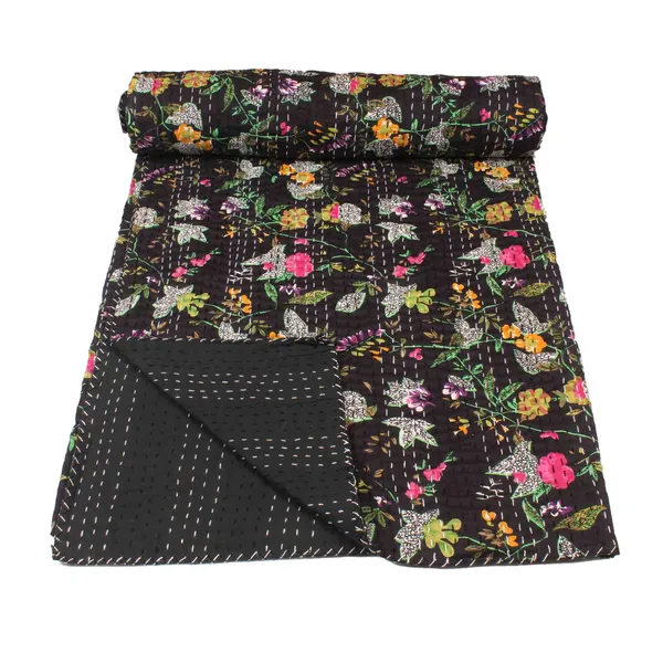 Black_Comfortable_Handcrafted_Cotton_Kantha_Quilt