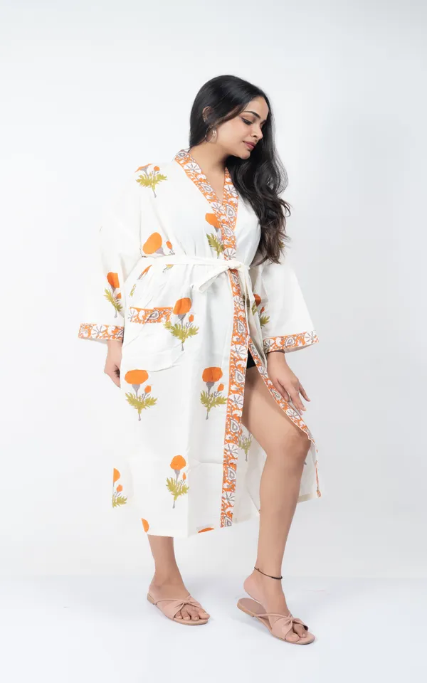 White_&_Orange_Handblock_Print_Cotton_Kimono/_Bathrobe_For_Women_&_Girls