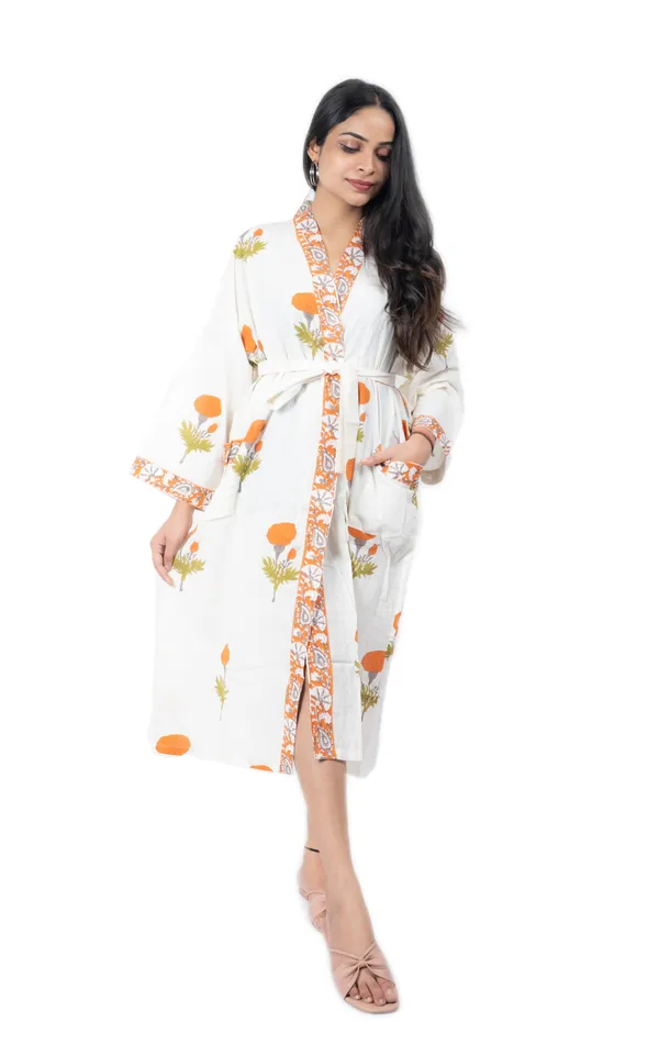 White_&_Orange_Handblock_Print_Cotton_Kimono/_Bathrobe_For_Women_&_Girls