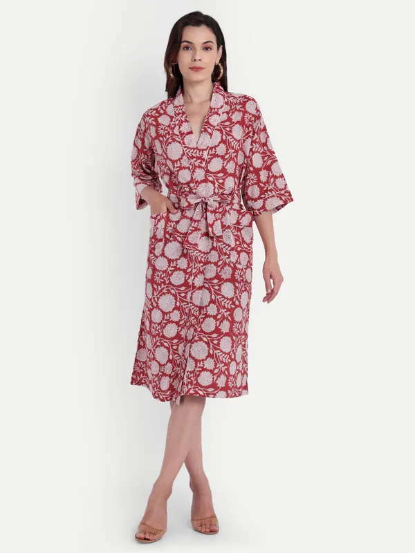 Red_Handblock_Print_Cotton_Kimono/_Bathrobe_For_Women_&_Girls