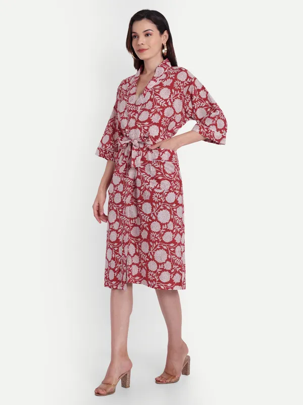 Red_Handblock_Print_Cotton_Kimono/_Bathrobe_For_Women_&_Girls