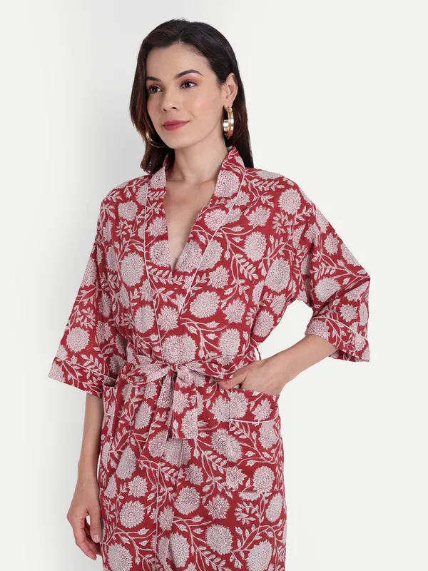 Red_Handblock_Print_Cotton_Kimono/_Bathrobe_For_Women_&_Girls