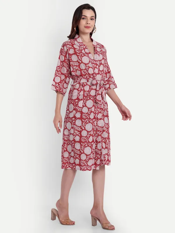 Red_Handblock_Print_Cotton_Kimono/_Bathrobe_For_Women_&_Girls