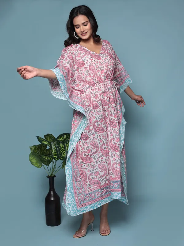 White_Handblock_Print_Cotton_Long_Kaftan_For_Women_&_Girls