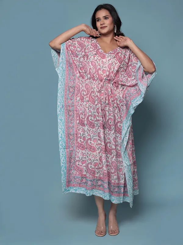 White_Handblock_Print_Cotton_Long_Kaftan_For_Women_&_Girls