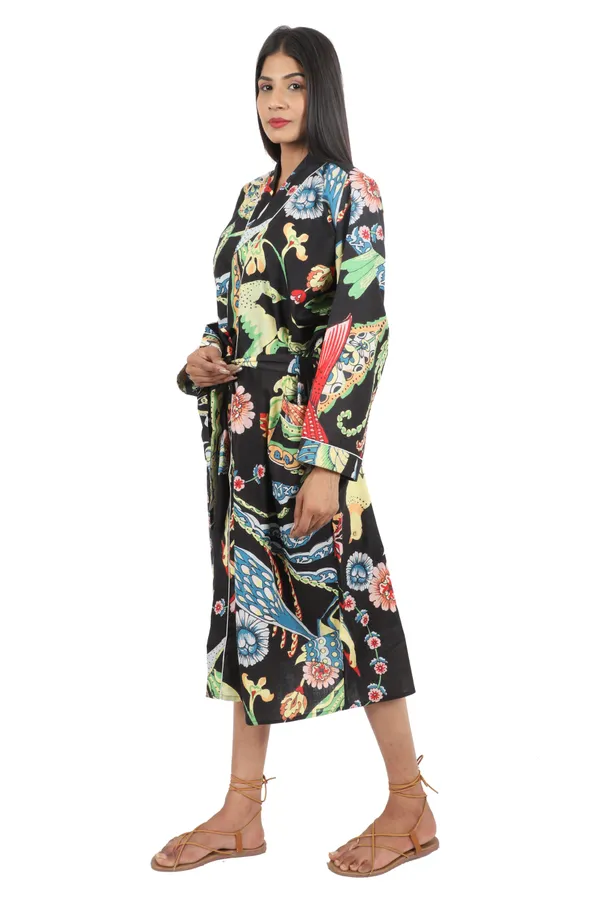 Black_Big_Bird_Printed_Cotton_Kimono/_Bathrobe_For_Women_&_Girls