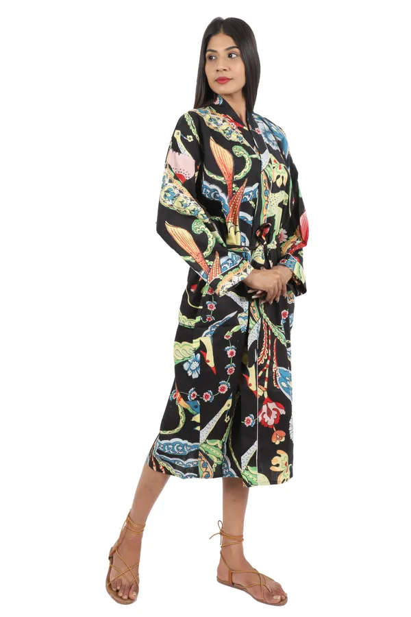 Black_Big_Bird_Printed_Cotton_Kimono/_Bathrobe_For_Women_&_Girls