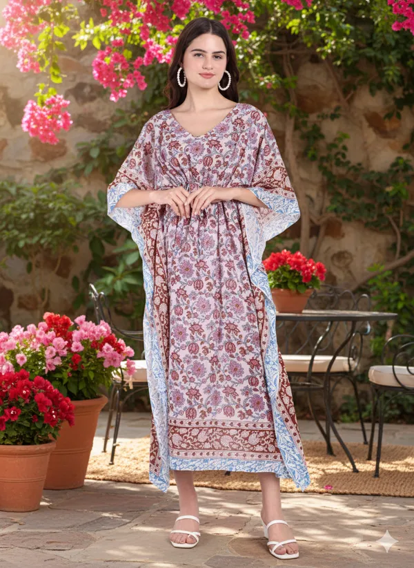 White_Handblock_Print_Cotton_Long_Kaftan_For_Women_&_Girls