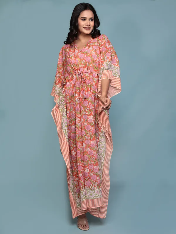 Orange_Handblock_Print_Cotton_Long_Kaftan_For_Women_&_Girls