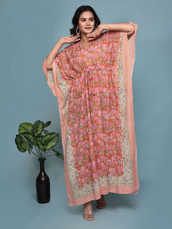 Orange_Handblock_Print_Cotton_Long_Kaftan_For_Women_&_Girls