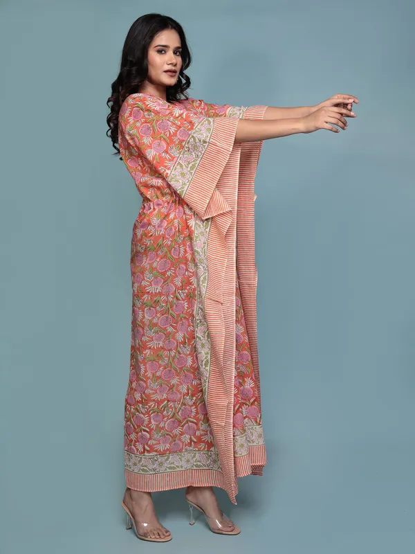 Orange_Handblock_Print_Cotton_Long_Kaftan_For_Women_&_Girls