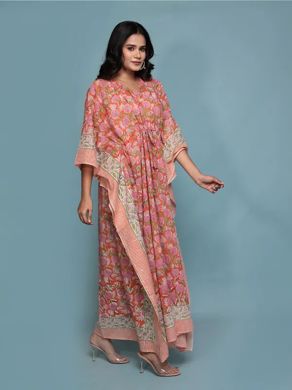 Orange_Handblock_Print_Cotton_Long_Kaftan_For_Women_&_Girls
