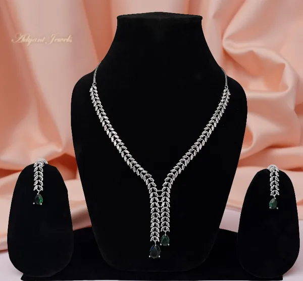 Elegant_American_Diamond_Silver_Necklace_Set_with_Green_Stone_|_Designer_Party_Wear_Jewellery_for_Women_|_Wedding_&_Festive_Collection