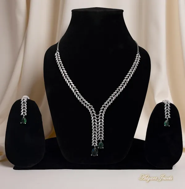 Elegant_American_Diamond_Silver_Necklace_Set_with_Green_Stone_|_Designer_Party_Wear_Jewellery_for_Women_|_Wedding_&_Festive_Collection