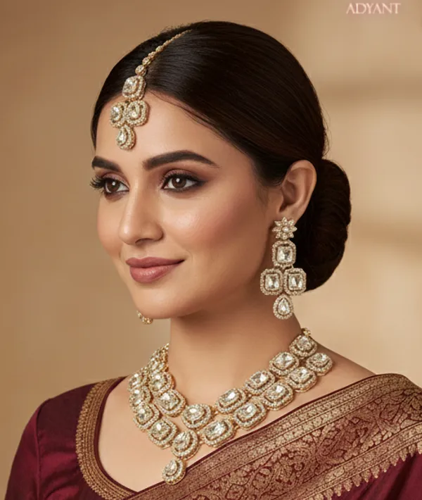 Adyant_Jewels_Double-Layer_Gold-Plated_Crystal_Necklace_Set_–_Geometric_Emerald-Cut_Choker_with_Statement_Earrings_&_Maang_Tikka_–_Premium_Party_Wear