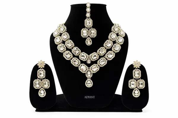 Adyant_Jewels_Double-Layer_Gold-Plated_Crystal_Necklace_Set_–_Geometric_Emerald-Cut_Choker_with_Statement_Earrings_&_Maang_Tikka_–_Premium_Party_Wear