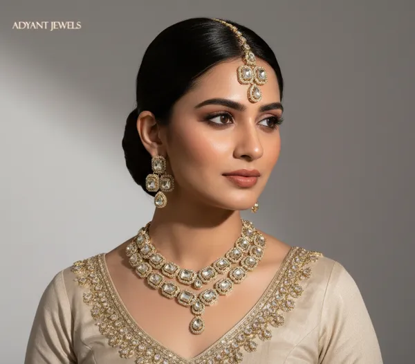 Adyant_Jewels_Double-Layer_Gold-Plated_Crystal_Necklace_Set_–_Geometric_Emerald-Cut_Choker_with_Statement_Earrings_&_Maang_Tikka_–_Premium_Party_Wear