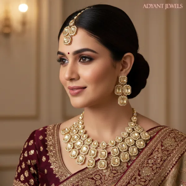 Adyant_Jewels_Gold-Finish_Triple-Layer_Crystal_Necklace_Set_–_Champagne_Emerald-Cut_Choker_with_Statement_Earrings_&_Maang_Tikka_–_Premium_Party_Wear