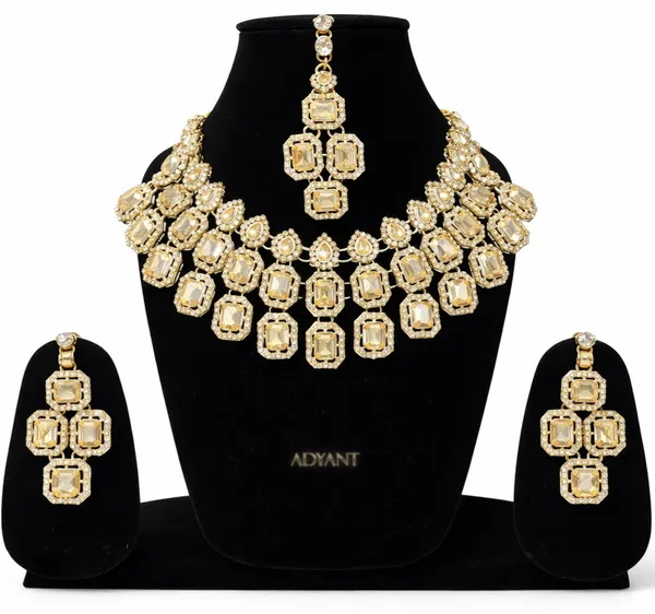 Adyant_Jewels_Gold-Finish_Triple-Layer_Crystal_Necklace_Set_–_Champagne_Emerald-Cut_Choker_with_Statement_Earrings_&_Maang_Tikka_–_Premium_Party_Wear