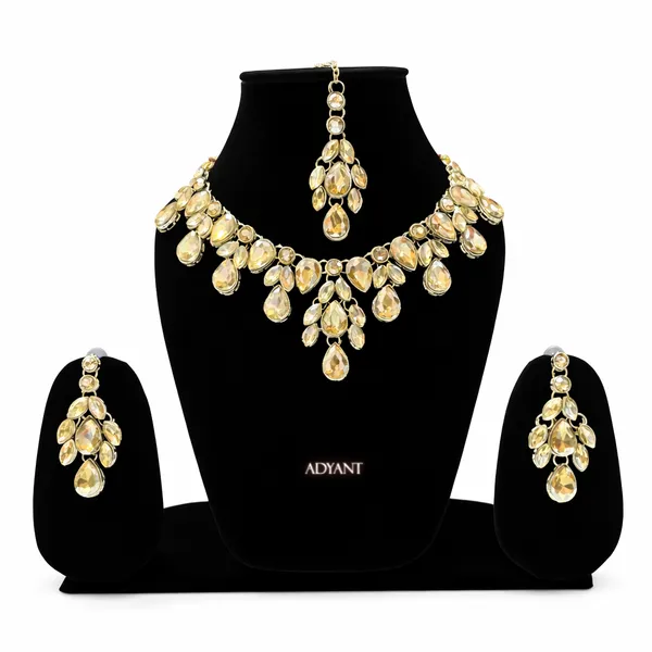 Adyant_Jewels_Golden_Champagne_Crystal_Necklace_Set_–_Elegant_Teardrop_Choker_with_Matching_Earrings_&_Maang_Tikka_–_Premium_Party_Wear_Jewelry_for_Women